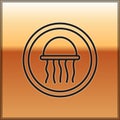 Black line Jellyfish on a plate icon isolated on gold background. Vector.