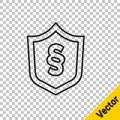 Black line Justice law in shield icon isolated on transparent background. Vector