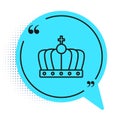 Black line King crown icon isolated on white background. Blue speech bubble symbol. Vector Royalty Free Stock Photo