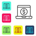 Black line Laptop with dollar icon isolated on white background. Sending money around the world, money transfer, online banking, Royalty Free Stock Photo