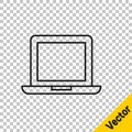 Black line Laptop icon isolated on transparent background. Computer notebook with empty screen sign. Vector Illustration