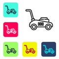 Black line Lawn mower icon isolated on white background. Lawn mower cutting grass. Set icons in color square buttons Royalty Free Stock Photo