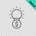 Black line Light bulb with dollar symbol icon isolated on transparent background. Money making ideas. Fintech innovation Royalty Free Stock Photo