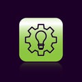 Black line Light bulb and gear icon isolated on black background. Innovation concept. Business idea. Green square button Royalty Free Stock Photo