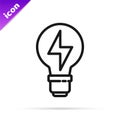 Black line Light bulb with lightning symbol icon isolated on white background. Light lamp sign. Idea symbol. Vector Royalty Free Stock Photo