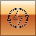 Black line Lightning bolt icon isolated on gold background. Flash sign. Charge flash icon. Thunder bolt. Lighting strike