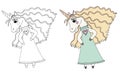 Black line little Unicorn with long hair in dress with heart for coloring book or pages