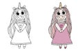 Black line little Unicorn with long hair in dress with heart for coloring book or pages