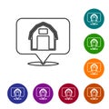 Black line Location farm house icon isolated on white background. Set icons in color circle buttons. Vector Royalty Free Stock Photo