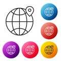 Black line Location on the globe icon isolated on white background. World or Earth sign. Set icons colorful circle Royalty Free Stock Photo