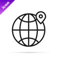 Black line Location on the globe icon isolated on white background. World or Earth sign. Vector Illustration