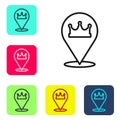 Black line Location king crown icon isolated on white background. Set icons in color square buttons. Vector Royalty Free Stock Photo