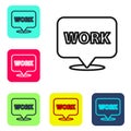 Black line Location with text work icon isolated on white background. Set icons in color square buttons. Vector