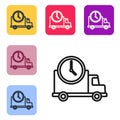 Black line Logistics delivery truck and clock icon isolated on white background. Delivery time icon. Set icons in color Royalty Free Stock Photo