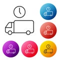 Black line Logistics delivery truck and time icon isolated on white background. Delivery time icon. Set icons colorful Royalty Free Stock Photo