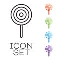 Black line Lollipop icon isolated on white background. Candy sign. Food, delicious symbol. Set icons colorful. Vector Royalty Free Stock Photo