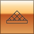 Black line Louvre glass pyramid icon isolated on gold background. Louvre museum. Vector