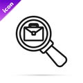 Black line Magnifying glass with briefcase icon isolated on white background. Job hunting icon. Work search concept Royalty Free Stock Photo