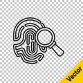 Black line Magnifying glass with fingerprint icon isolated on transparent background. Identification sign. Vector Royalty Free Stock Photo