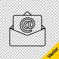 Black line Mail and e-mail icon isolated on transparent background. Envelope symbol e-mail. Email message sign. Vector Royalty Free Stock Photo