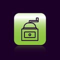 Black line Manual coffee grinder icon isolated on black background. Green square button. Vector Royalty Free Stock Photo