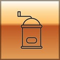 Black line Manual coffee grinder icon isolated on gold background. Vector Illustration Royalty Free Stock Photo