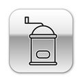 Black line Manual coffee grinder icon isolated on white background. Silver square button. Vector Royalty Free Stock Photo