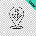 Black line Map pointer with anchor icon isolated on transparent background. Vector Royalty Free Stock Photo