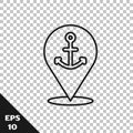 Black line Map pointer with anchor icon isolated on transparent background. Vector Royalty Free Stock Photo