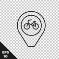 Black line Map pointer with bicycle icon isolated on transparent background. Vector Royalty Free Stock Photo