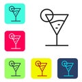 Black line Martini glass icon isolated on white background. Cocktail icon. Wine glass icon. Set icons in color square Royalty Free Stock Photo