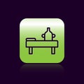 Black line Massage table with oil icon isolated on black background. Green square button. Vector Royalty Free Stock Photo