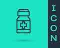 Black line Medicine bottle and pills icon isolated on green background. Medical drug package for tablet, vitamin Royalty Free Stock Photo