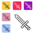 Black line Medieval sword icon isolated on white background. Medieval weapon. Set icons in color square buttons. Vector Royalty Free Stock Photo