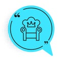 Black line Medieval throne icon isolated on white background. Blue speech bubble symbol. Vector