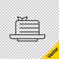 Black line Medovik icon isolated on transparent background. Honey layered cake or russian cake Medovik on plate. Vector
