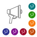 Black line Megaphone icon isolated on white background. Speaker sign. Set icons in color circle buttons. Vector