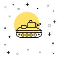 Black line Military tank icon isolated on white background. Random dynamic shapes. Vector Royalty Free Stock Photo