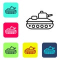 Black line Military tank icon isolated on white background. Set icons in color square buttons. Vector Royalty Free Stock Photo