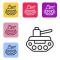 Black line Military tank icon isolated on white background. Set icons in color square buttons. Vector Royalty Free Stock Photo
