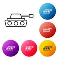 Black line Military tank icon isolated on white background. Set icons colorful circle buttons. Vector Royalty Free Stock Photo