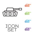 Black line Military tank icon isolated on white background. Set icons colorful. Vector Royalty Free Stock Photo