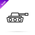 Black line Military tank icon isolated on white background. Vector Royalty Free Stock Photo