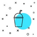 Black line Milkshake icon isolated on white background. Plastic cup with lid and straw. Random dynamic shapes. Vector