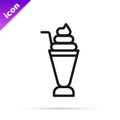 Black line Milkshake icon isolated on white background. Plastic cup with lid and straw. Vector
