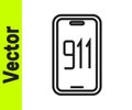 Black line Mobile phone with emergency call 911 icon isolated on white background. Police, ambulance, fire department