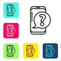 Black line Mobile phone with question icon isolated on white background. Set icons in color square buttons. Vector Royalty Free Stock Photo