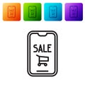 Black line Mobile phone and shopping cart icon isolated on white background. Online buying symbol. Supermarket basket Royalty Free Stock Photo