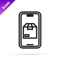 Black line Mobile smart phone with app delivery tracking icon isolated on white background. Parcel tracking. Vector Royalty Free Stock Photo