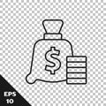 Black line Money bag icon isolated on transparent background. Dollar or USD symbol. Cash Banking currency sign. Vector Royalty Free Stock Photo